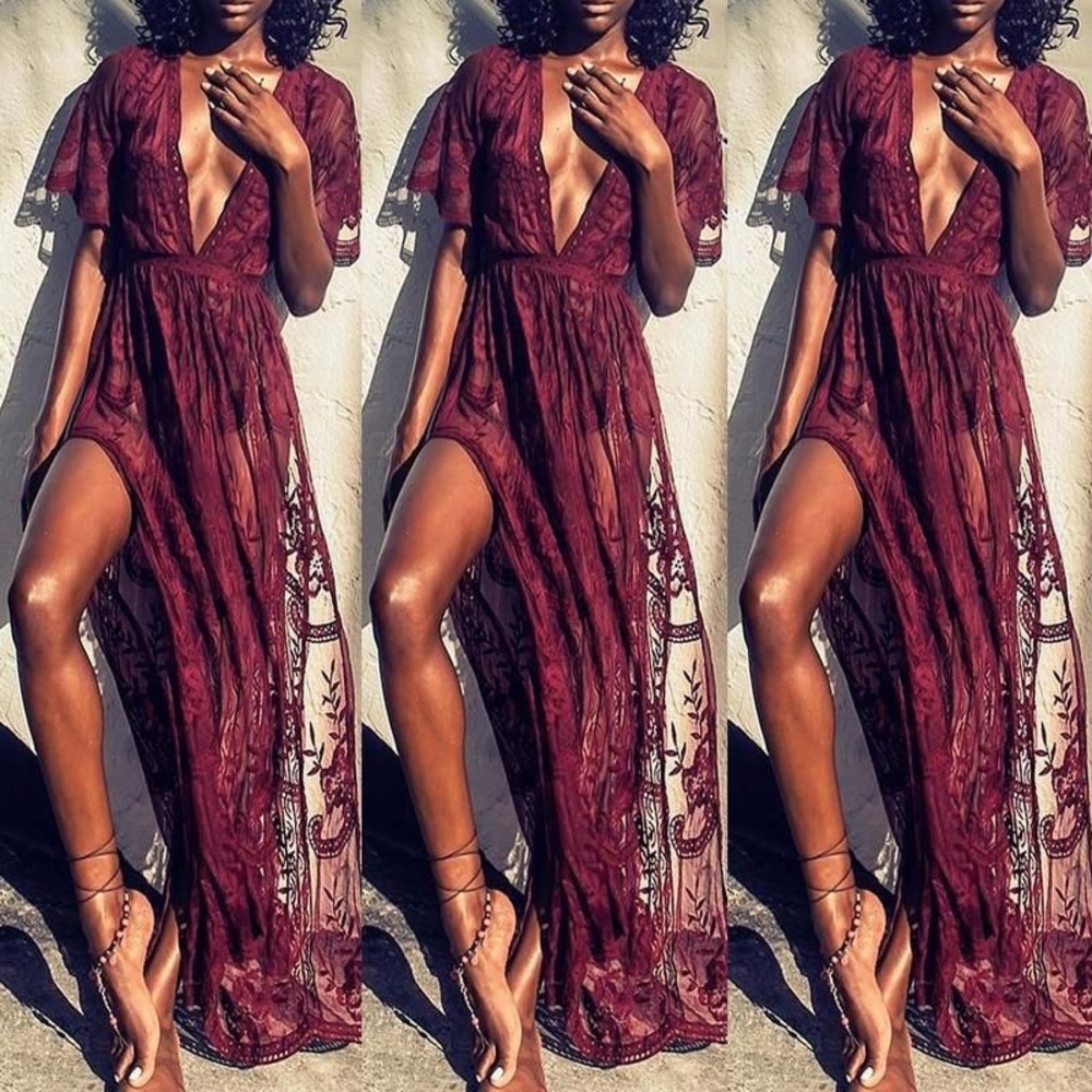 Lace Maxi Romper in Burgundy - Picture 3 of 7